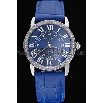 Swiss Cartier Ronde Solo Stainless Steel Diamond Case Blue Dial Roman Numerals  622197