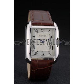 Cartier Tank Anglaise 36mm White Dial Stainless Steel Case Brown Leather Bracelet Replica