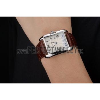 Cartier Tank Anglaise 36mm White Dial Stainless Steel Case Brown Leather Bracelet Replica