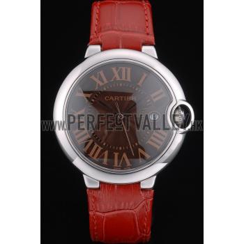 Cartier Ballon Bleu 42mm Brown Dial Stainless Steel Case Red Leather Bracelet Replica