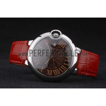 Cartier Ballon Bleu 42mm Brown Dial Stainless Steel Case Red Leather Bracelet Replica