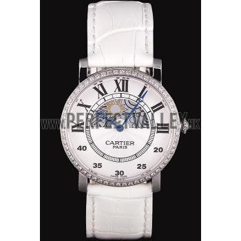 Cartier Moonphase Silver Watch with White Leather Band ct257 621376 Replica