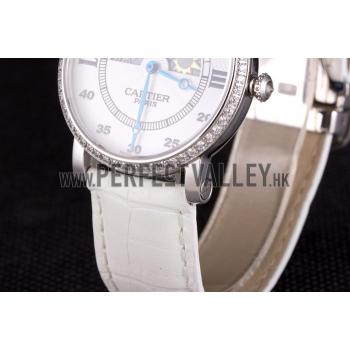 Cartier Moonphase Silver Watch with White Leather Band ct257 621376 Replica