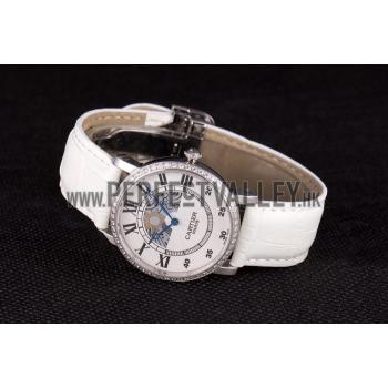 Cartier Moonphase Silver Watch with White Leather Band ct257 621376 Replica