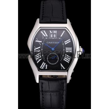 Cartier Tortue Large Date Black Dial Stainless Steel Case Black Leather Strap