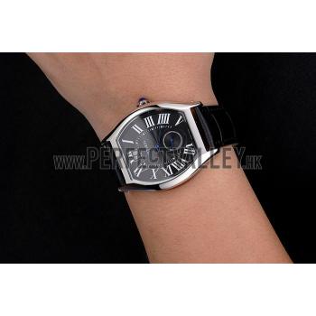 Cartier Tortue Large Date Black Dial Stainless Steel Case Black Leather Strap