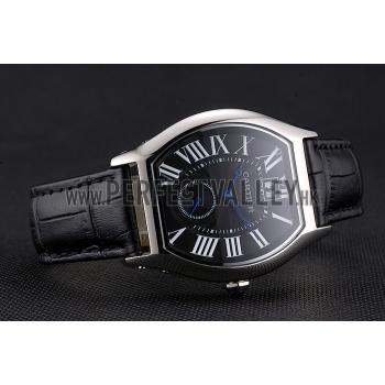 Cartier Tortue Large Date Black Dial Stainless Steel Case Black Leather Strap