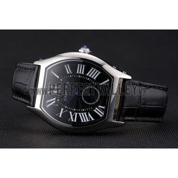 Cartier Tortue Large Date Black Dial Stainless Steel Case Black Leather Strap