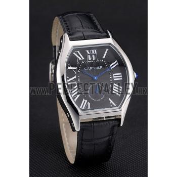 Cartier Tortue Large Date Black Dial Stainless Steel Case Black Leather Strap