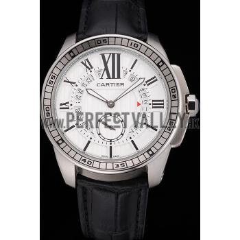 Cartier Calibre De Cartier Small Seconds White Dial Stainless Steel Case Black Leather Strap