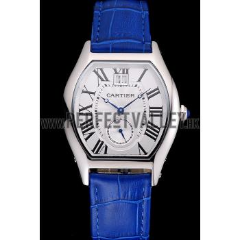 Cheap Cartier Tortue Large Date White Dial Stainless Steel Case Blue Leather Strap