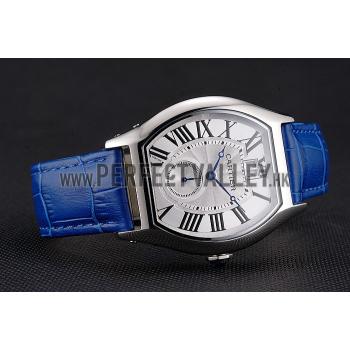 Cheap Cartier Tortue Large Date White Dial Stainless Steel Case Blue Leather Strap