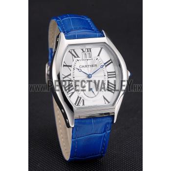 Cheap Cartier Tortue Large Date White Dial Stainless Steel Case Blue Leather Strap