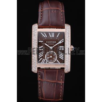 Cartier Tank MC Gold Diamond Case Brown Dial Brown Leather Strap  622170 Replica