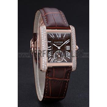 Cartier Tank MC Gold Diamond Case Brown Dial Brown Leather Strap  622170 Replica