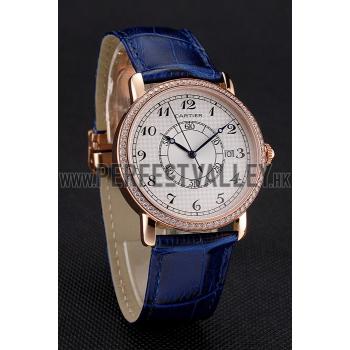 Cartier Ronde Solo White Dial Diamond Bezel Rose Gold Case Blue Leather Strap