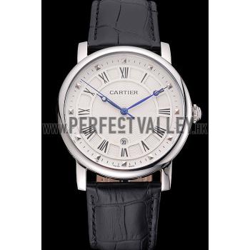 Replica Cartier Rotonde Date White Dial Stainless Steel Case Black Leather Strap