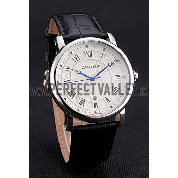 Replica Cartier Rotonde Date White Dial Stainless Steel Case Black Leather Strap