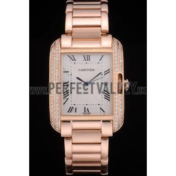 Cartier Tank Anglaise 36mm White Dial Diamonds Rose Gold Case Rose Gold Bracelet