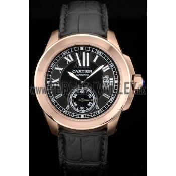 Cartier Calibre Black Dial Gold Case Black Leather Bracelet