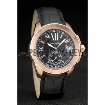 Cartier Calibre Black Dial Gold Case Black Leather Bracelet