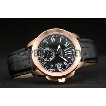 Cartier Calibre Black Dial Gold Case Black Leather Bracelet