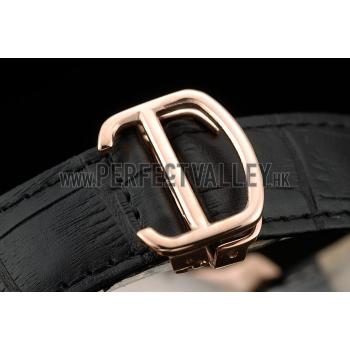 Cartier Calibre Black Dial Gold Case Black Leather Bracelet