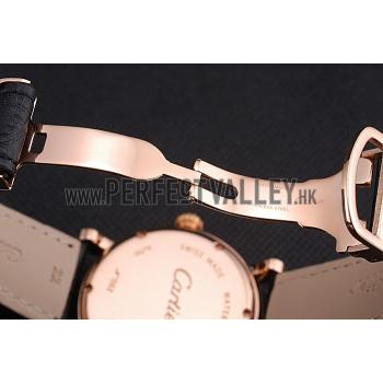 Cartier Rotonde Black And White Dial Gold Case With Jewels Black Leather Strap  622758