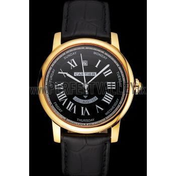 Cheap Swiss Cartier Rotonde Annual Calendar Black Dial Gold Case Black Leather Strap