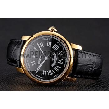 Cheap Swiss Cartier Rotonde Annual Calendar Black Dial Gold Case Black Leather Strap