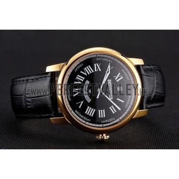 Cheap Swiss Cartier Rotonde Annual Calendar Black Dial Gold Case Black Leather Strap