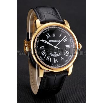 Cheap Swiss Cartier Rotonde Annual Calendar Black Dial Gold Case Black Leather Strap