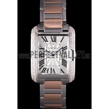 Cartier Tank Anglaise 36mm Silver Dial Diamonds Steel Case Two Tone Bracelet Replica