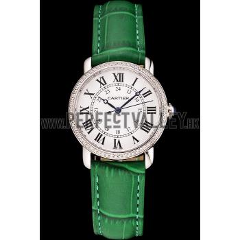 Cartier Ronde White Dial Diamond Bezel Stainless Steel Case Green Leather Strap