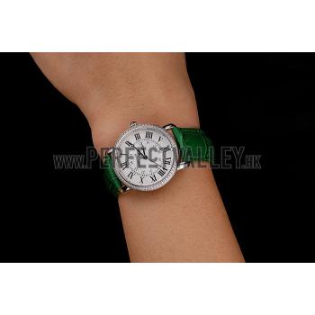 Cartier Ronde White Dial Diamond Bezel Stainless Steel Case Green Leather Strap