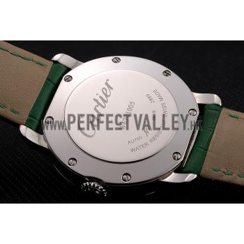 Cartier Ronde White Dial Diamond Bezel Stainless Steel Case Green Leather Strap