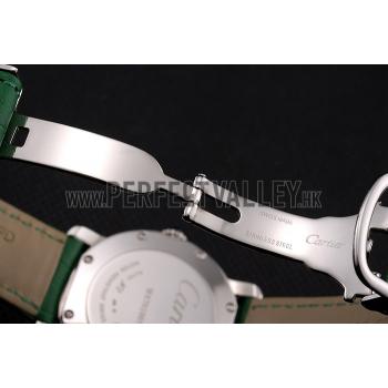 Cartier Ronde White Dial Diamond Bezel Stainless Steel Case Green Leather Strap