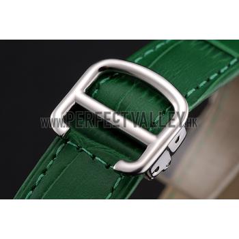 Cartier Ronde White Dial Diamond Bezel Stainless Steel Case Green Leather Strap