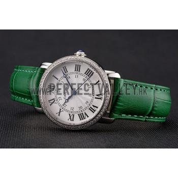 Cartier Ronde White Dial Diamond Bezel Stainless Steel Case Green Leather Strap