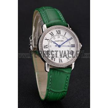 Cartier Ronde White Dial Diamond Bezel Stainless Steel Case Green Leather Strap