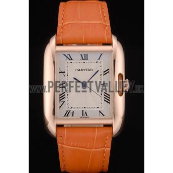 Cartier Tank Anglaise 36mm White Dial Gold Case Orange Leather Bracelet