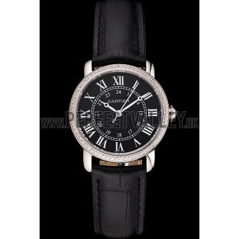 Cartier Ronde Black Dial Diamond Bezel Stainless Steel Case Black Leather Strap