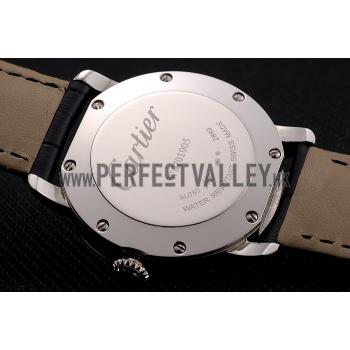 Cartier Ronde Black Dial Diamond Bezel Stainless Steel Case Black Leather Strap