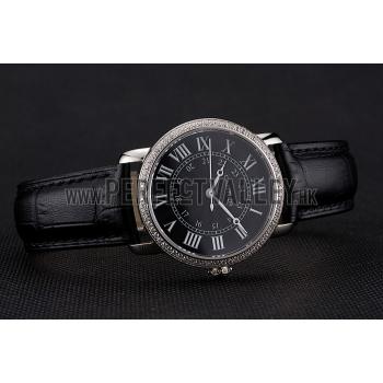 Cartier Ronde Black Dial Diamond Bezel Stainless Steel Case Black Leather Strap