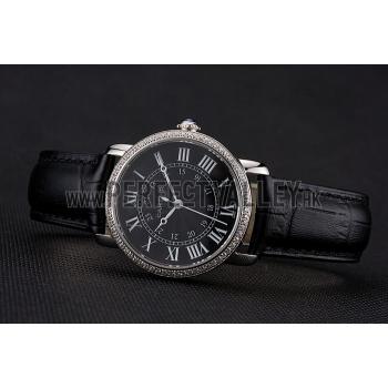 Cartier Ronde Black Dial Diamond Bezel Stainless Steel Case Black Leather Strap