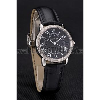 Cartier Ronde Black Dial Diamond Bezel Stainless Steel Case Black Leather Strap