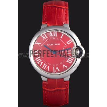 Cartier Ballon Bleu Silver Bezel with Red Dial and Red Leather Band   621556