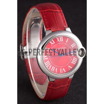 Cartier Ballon Bleu Silver Bezel with Red Dial and Red Leather Band   621556