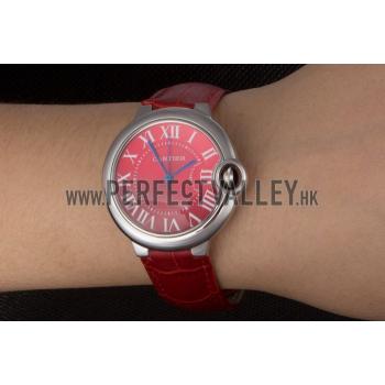 Cartier Ballon Bleu Silver Bezel with Red Dial and Red Leather Band   621556