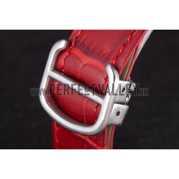 Cartier Ballon Bleu Silver Bezel with Red Dial and Red Leather Band   621556